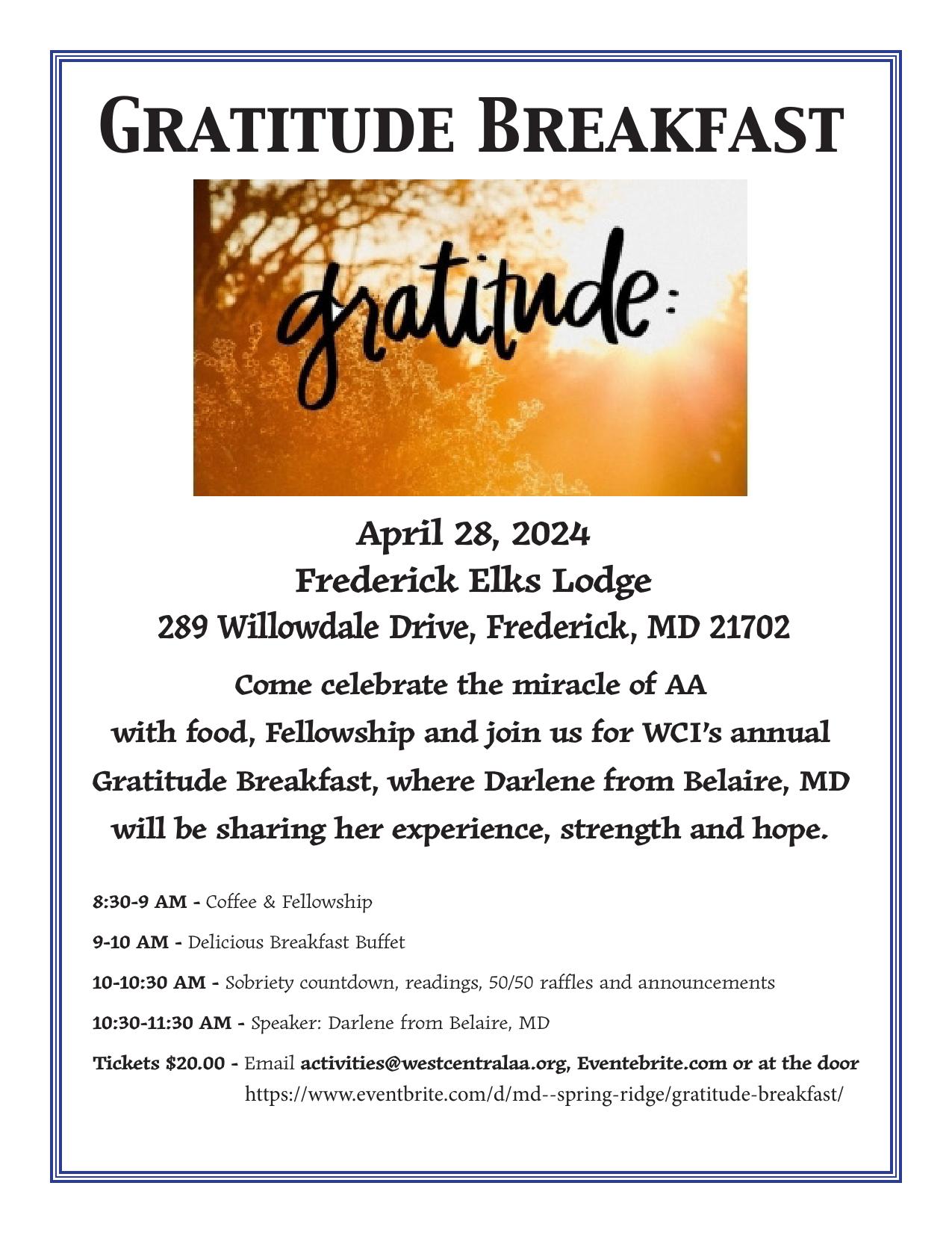 2024 WCI Gratitude Breakfast - Tickets Still Available!!! @ Frederick Elks Lodge